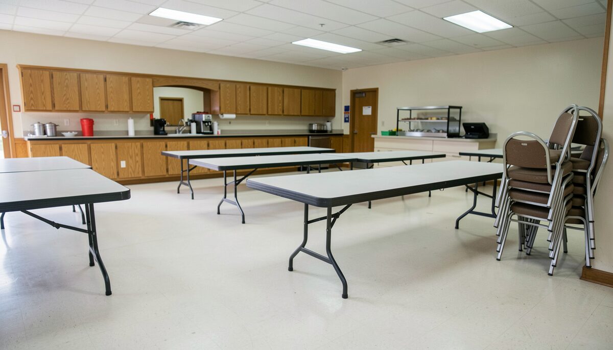 A church fellowship hall with folding tables being arranged, a stack of metal-framed chairs beside a serving counter, fluorescent light, clean linoleum floor, no people, no readable text or posters, documentary photograph